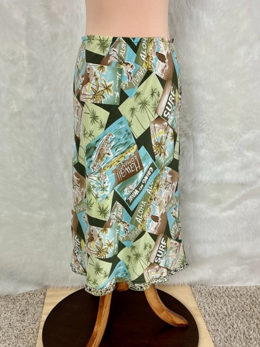 Vintage 90s 00s Green Blue Hawaii Surf Island Hula Print Silk Midi Slip Skirt M
